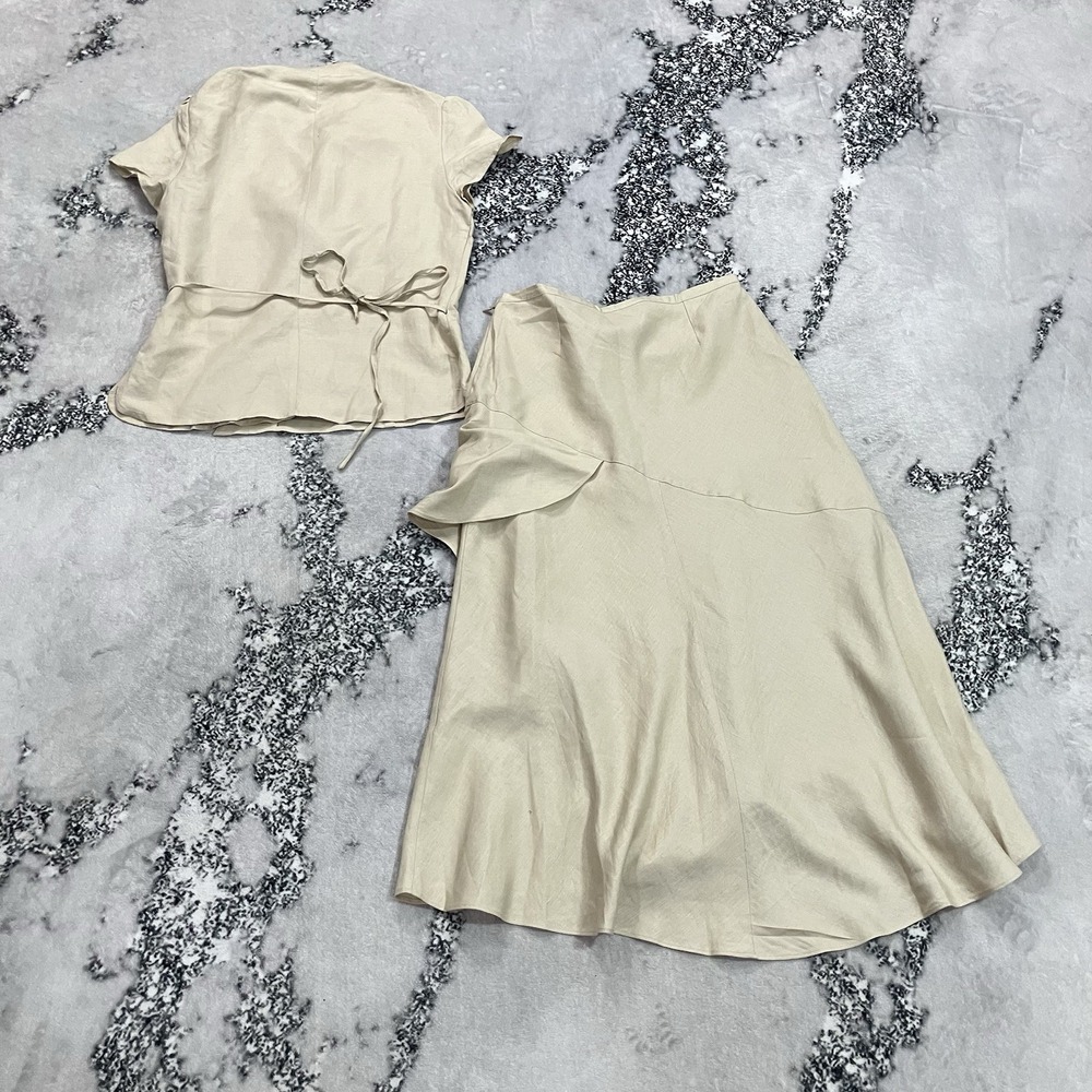 La Boutique Linen Blend Skirt Suit Set 6 Ivory Wrap Top Embroidered Floral - Picture 9 of 13